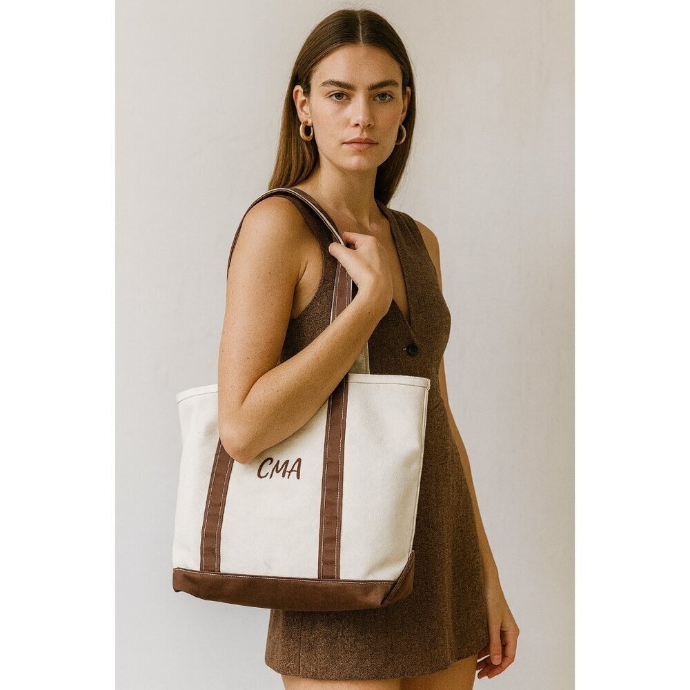 L.L.Bean Boat and Tote Canvas Bag Small White Brown Monogram CMA Made in USA